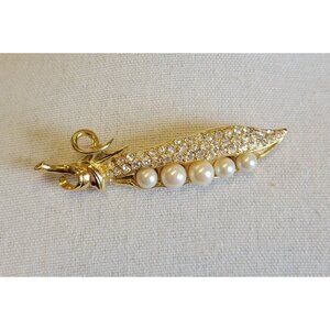 Gold Tone Clear Rhinestone Faux Pearl Beaded Peas in a Pod Pin Brooch BR1